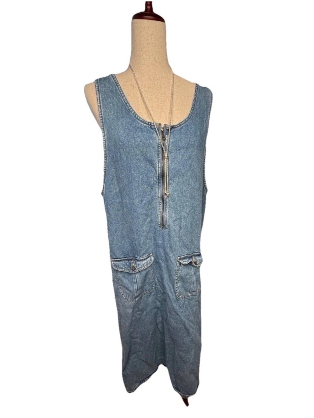 Vtg 90s Denim Overall Jumper Maxi Dress L  Zip Pockets Modest Country Grunge Y2K